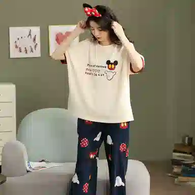 棉购 可爱拼色短袖七分裤可外穿睡衣套装 女款 卡通杏