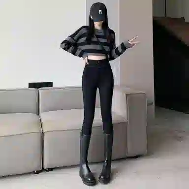 棉购 秋冬 加绒高级感外穿小脚裤子紧身铅笔黑裤打底裤 女款