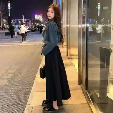 棉购 做旧毛边流苏长袖牛仔外套设计感宽松短款连衣裙裙装套装 女款