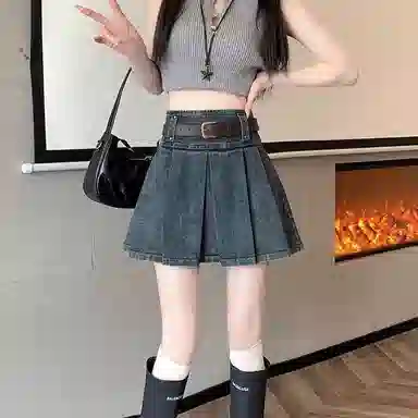 棉购 百搭纯色高腰修身百褶半身牛仔短裙 女款 蓝灰色