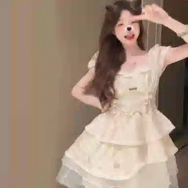 棉购 法式学院风甜美蓬蓬裙泡泡袖气质修身短袖连衣裙 女款 杏色