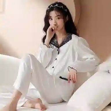 棉购 法式浪漫居家服高级性感长袖长裤睡衣套装 女款 典雅白