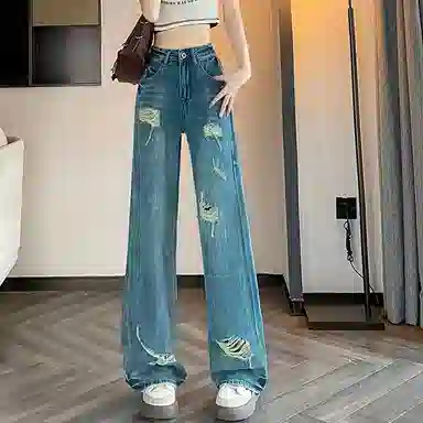 棉购 破洞设计感高腰宽松牛仔裤 女款 蓝色