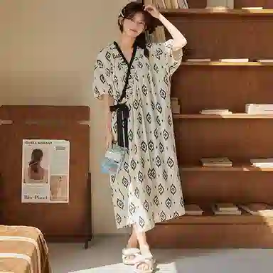 棉购 可外穿带胸垫高级感复古宽松休闲短袖夏季睡裙 女款