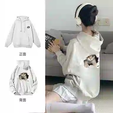 棉购 破洞猫动物图案连帽休闲宽松慵懒风设计感长袖卫衣 女款