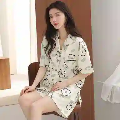 棉购 可外穿薄款带胸垫短袖三分裤夏季睡衣套装 女款