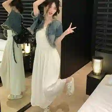棉购 做旧毛边流苏上衣纯色高腰宽松中长裙裙装套装 女款