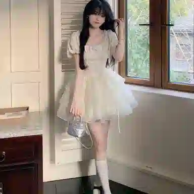 棉购 法式蝴蝶结提花通勤时尚纯色短袖连衣裙 女款 杏色