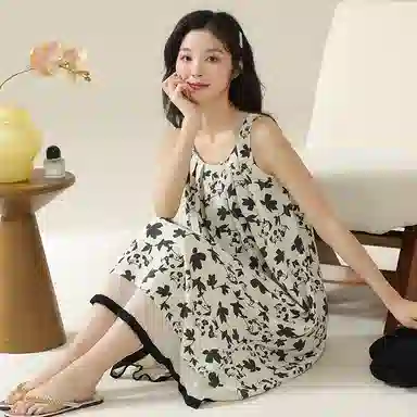 棉购 带胸垫圆领花卉小清新凉感中长款无袖睡裙 女款 乳白色