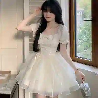 棉购 法式蝴蝶结提花通勤时尚纯色短袖连衣裙 女款 杏色