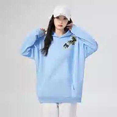 棉购 重磅黑金仿刺绣潮流连帽宽松加绒加厚中国风花卉印花上衣长袖卫衣 男女同款