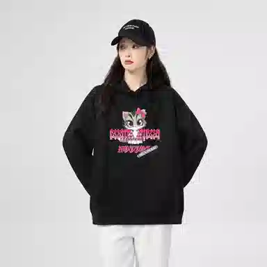 棉购 美式连帽潮流加绒加厚长袖上衣外套卡通猫咪个性街头卫衣 女款