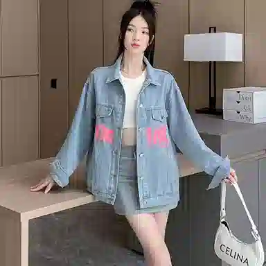棉购 欧洲站春秋字母印花涂鸦牛仔宽松长袖上衣夹克外套 女款 蓝色