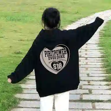 棉购 美式慵懒风卡通印花宽松连帽小众风格长袖卫衣 男女同款 黑色