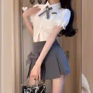 棉购 学院风短袖衬衫蝴蝶结高腰开叉包臀半身短裙裤裙装套装 女款 纯色