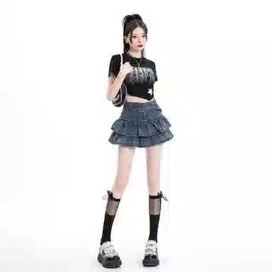 棉购 辣妹防走光半身裙蓬蓬裙简约舒适牛仔短裙 女款