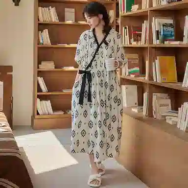 棉购 可外穿带胸垫高级感复古宽松休闲短袖夏季睡裙 女款