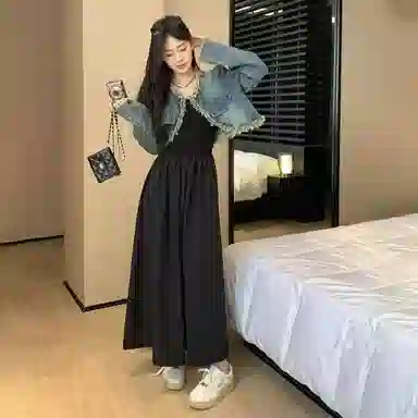 棉购 做旧毛边流苏长袖牛仔外套设计感宽松短款连衣裙裙装套装 女款