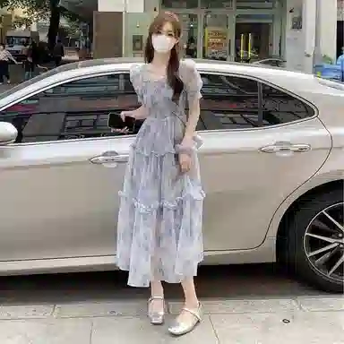 棉购 法式复古温柔风方领碎花短袖连衣裙 女款