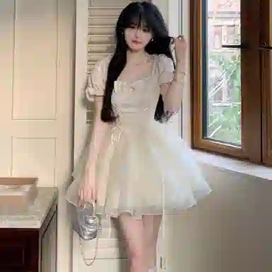 棉购 法式蝴蝶结提花通勤时尚纯色短袖连衣裙 女款 杏色