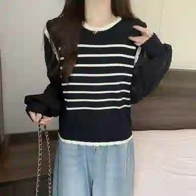 棉购 假两件圆领条纹拼接雪纺泡泡袖女新款显瘦减龄长袖针织衫 女款