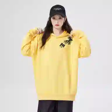 棉购 重磅黑金仿刺绣潮流连帽宽松加绒加厚中国风花卉印花上衣长袖卫衣 男女同款