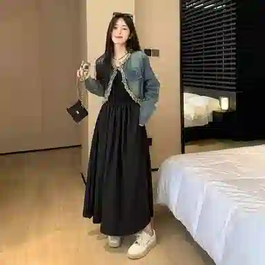 棉购 做旧毛边流苏长袖牛仔外套设计感宽松短款连衣裙裙装套装 女款