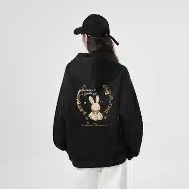 棉购 连帽设计感兔子印花宽松重磅简约时尚长袖卫衣 女款