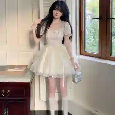 棉购 法式蝴蝶结提花通勤时尚纯色短袖连衣裙 女款 杏色