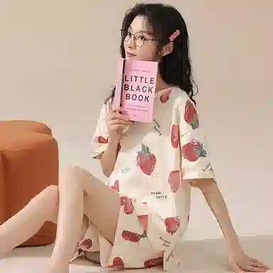 棉购 圆领休闲短袖卡通可爱可外穿家居服睡衣套装 女款 杏色
