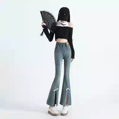 棉购 新中式盘扣装饰水洗高腰开叉微喇牛仔裤 女款 浅蓝色