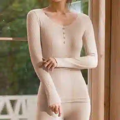 棉购 保暖隐形长袖长裤打底睡衣套装 女款