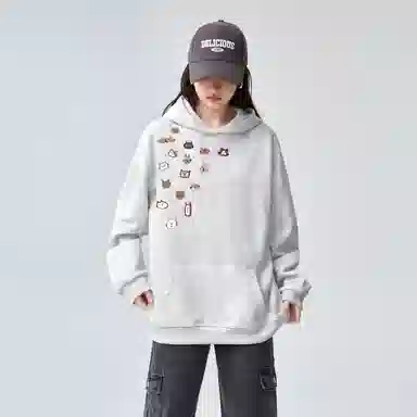 棉购 薄款连帽宽松韩版学生口袋套头休闲加绒外套卫衣 女款
