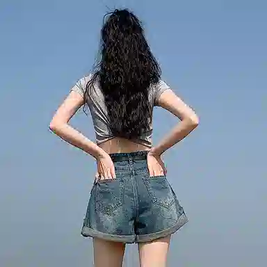 棉购 卷边百搭宽松阔腿裤高腰牛仔短裤 女款