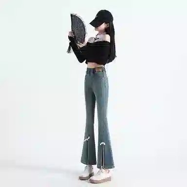 棉购 新中式盘扣装饰水洗高腰开叉微喇牛仔裤 女款 浅蓝色