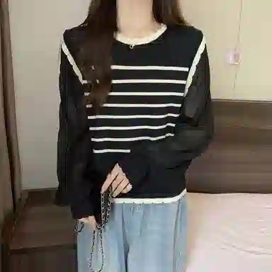 棉购 假两件圆领条纹拼接雪纺泡泡袖女新款显瘦减龄长袖针织衫 女款