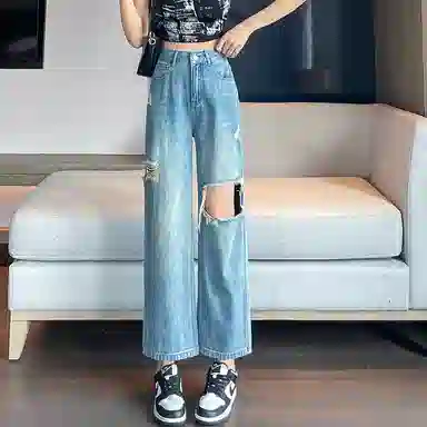 棉购 破洞高腰宽松薄款直筒九分裤牛仔裤 女款