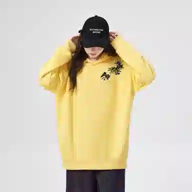 棉购 重磅黑金仿刺绣潮流连帽宽松加绒加厚中国风花卉印花上衣长袖卫衣 男女同款