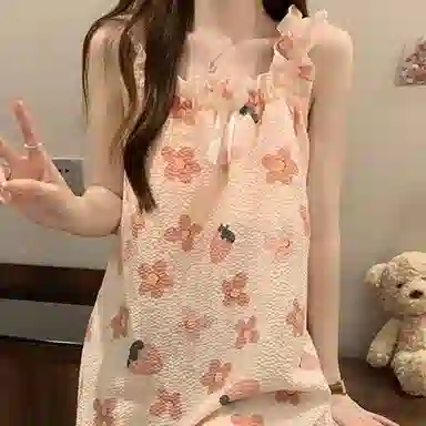 棉购 自带胸垫韩系碎花居家服可爱甜美无袖吊带睡裙 女款