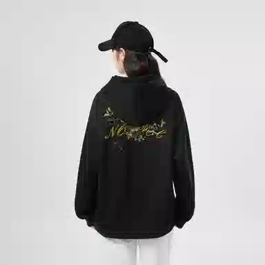 棉购 重磅黑金仿刺绣潮流连帽宽松加绒加厚中国风花卉印花上衣长袖卫衣 男女同款