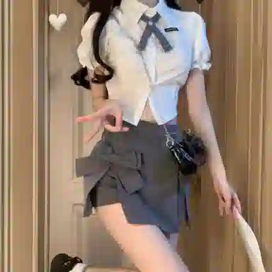 棉购 学院风短袖衬衫蝴蝶结高腰开叉包臀半身短裙裤裙装套装 女款 纯色