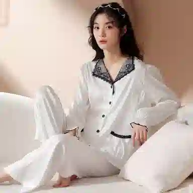 棉购 法式浪漫居家服高级性感长袖长裤睡衣套装 女款 典雅白