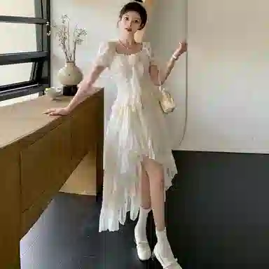 棉购 不规则荷叶边纯色短袖连衣裙 女款 杏色