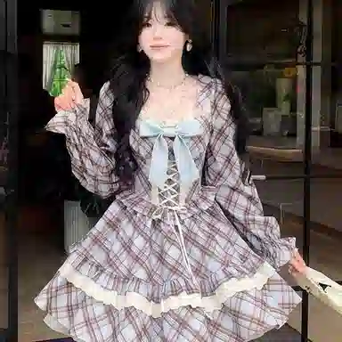 棉购 甜美小个子复古格纹蕾丝蝴蝶结绑带收腰方口领蓬蓬公主裙长袖连衣裙 女款