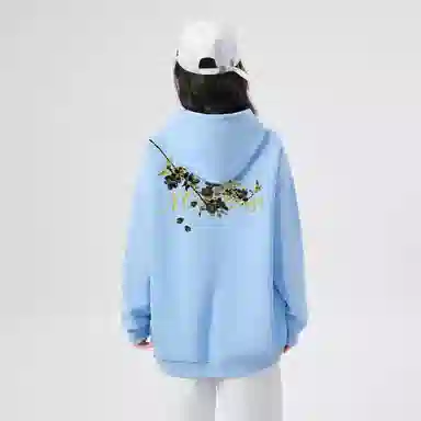棉购 重磅黑金仿刺绣潮流连帽宽松加绒加厚中国风花卉印花上衣长袖卫衣 男女同款