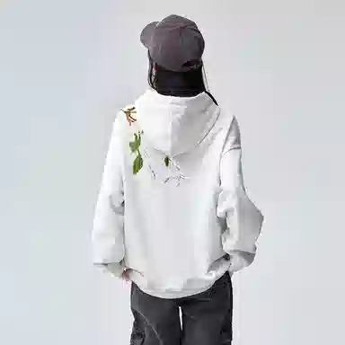 棉购 宽松国潮学生花卉印花带帽套头休闲加绒外套卫衣 女款