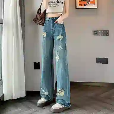 棉购 破洞设计感高腰宽松牛仔裤 女款 蓝色