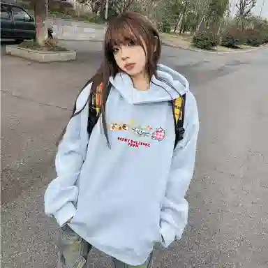 棉购 韩系甜美学院风基础可爱印花加绒加厚连帽宽松休闲长袖卫衣 男女同款