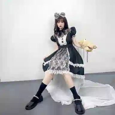 棉购 蕾丝花边蝴蝶结中长款短袖连衣裙 女款 黑色
