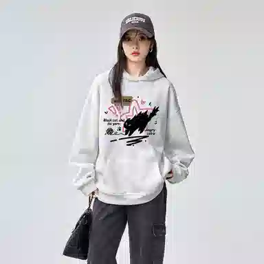 棉购 美式复古潮重磅连帽宽松卡通加绒加厚外套卫衣 男女同款